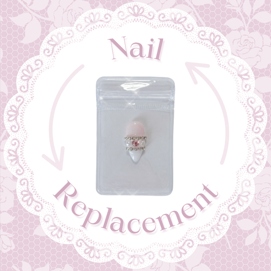 nail replacement label showing a single press-on nail in a tiny bag