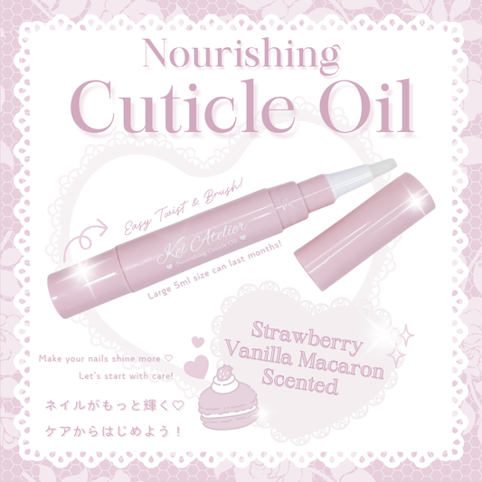nourishing cuticle oil in a pink brush tip pen, it's easy to twist and apply the nail oil, 5ml large size can last months, strawberry vanilla macaron scented