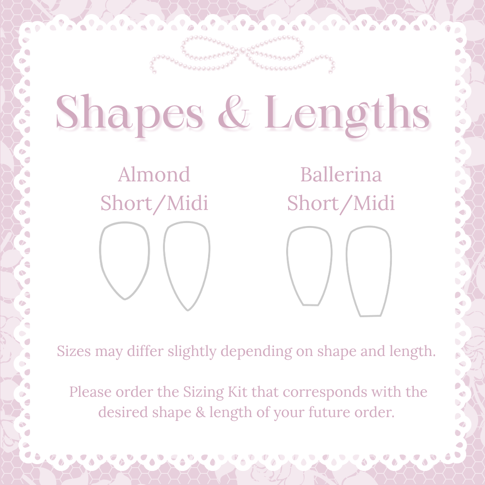 shows the difference between almond and ballerina shapes, and short and midi lengths