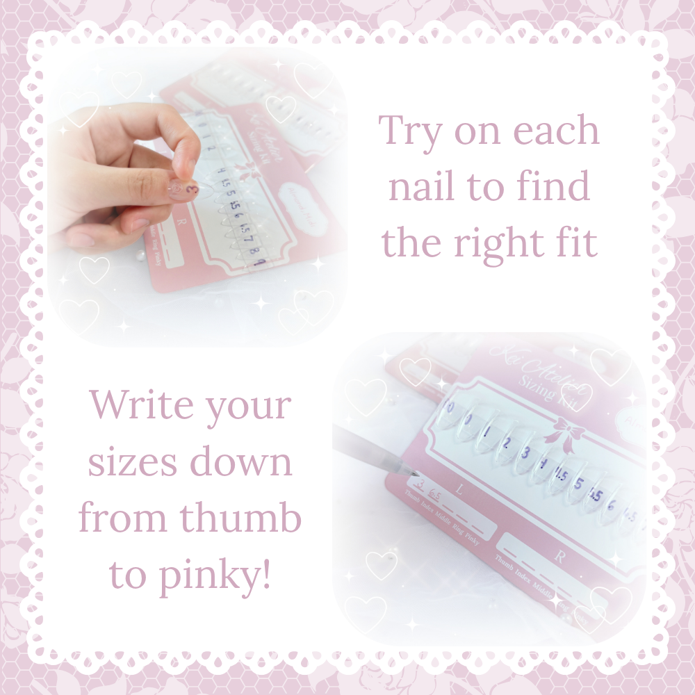shows process of using nail sizing kit to measure nails for press-ons