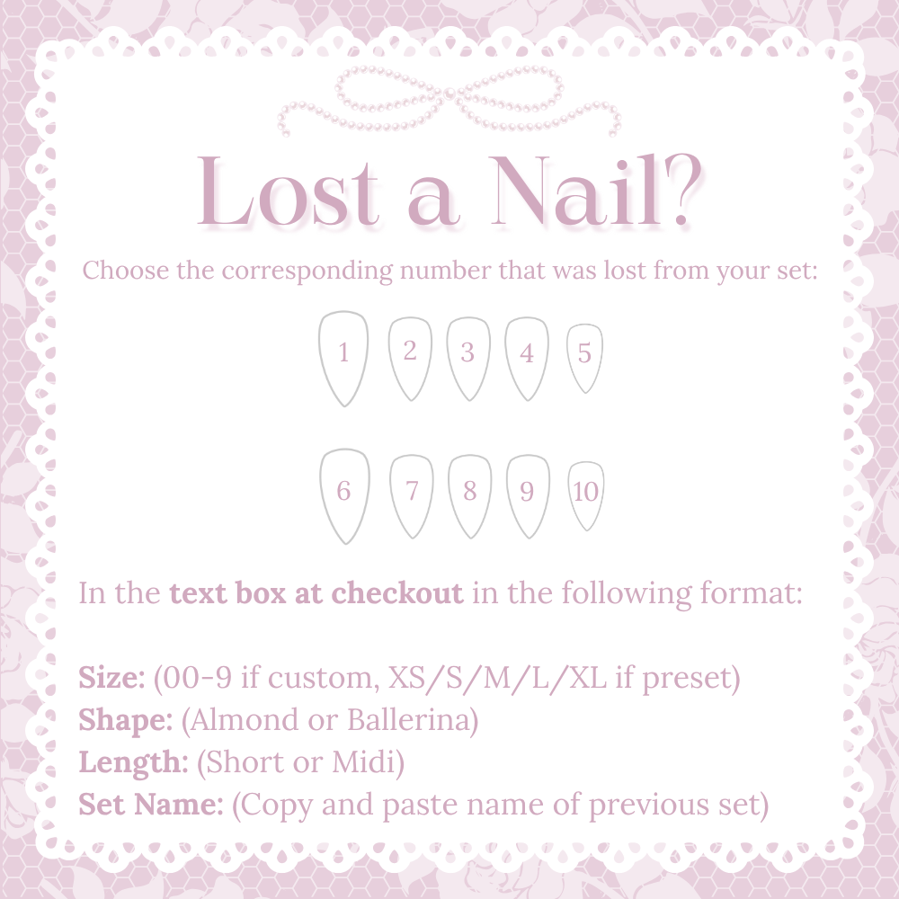 image that shows a set of 10 press on nails 2 rows of 5, label 1 through 5 on the top row and 6 through 10 on the bottom row. instructions say to choose the corresponding number that was lost from the nail set, then enter in the text box at checkout information on size, shape, length, and set name