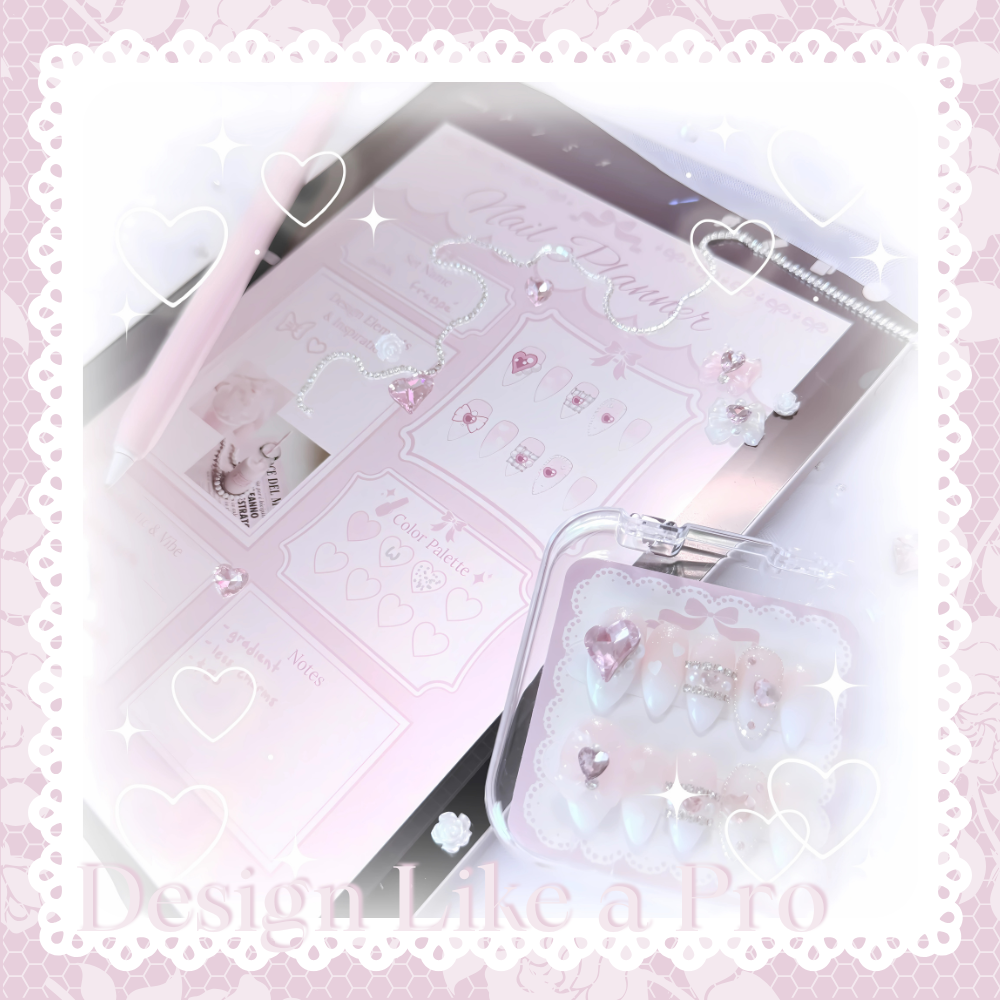 kawaii press-on nail set planner being used to draw nails on a tablet device