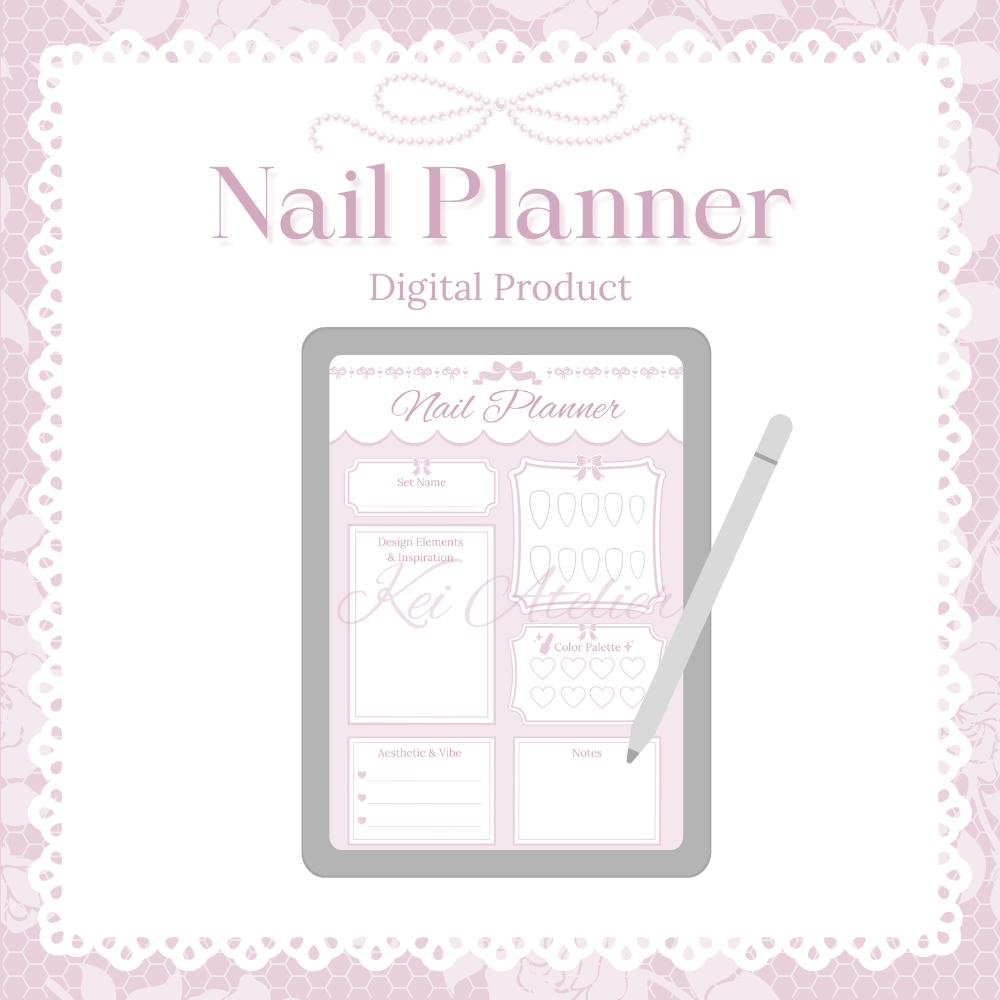 kawaii pink digital nail planner shown in tablet graphic and tablet pencil, used for designing press on nails