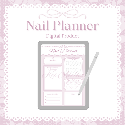kawaii pink digital nail planner shown in tablet graphic and tablet pencil, used for designing press on nails
