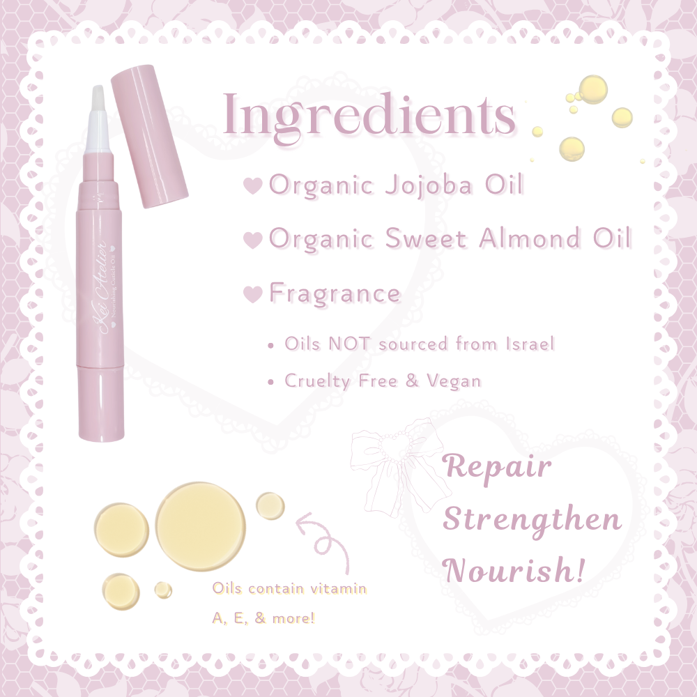 ingredients list of nail cuticle oil showing organic jojoba and sweet almond oil, and fragrance as the ingredients. cruelty free and vegan