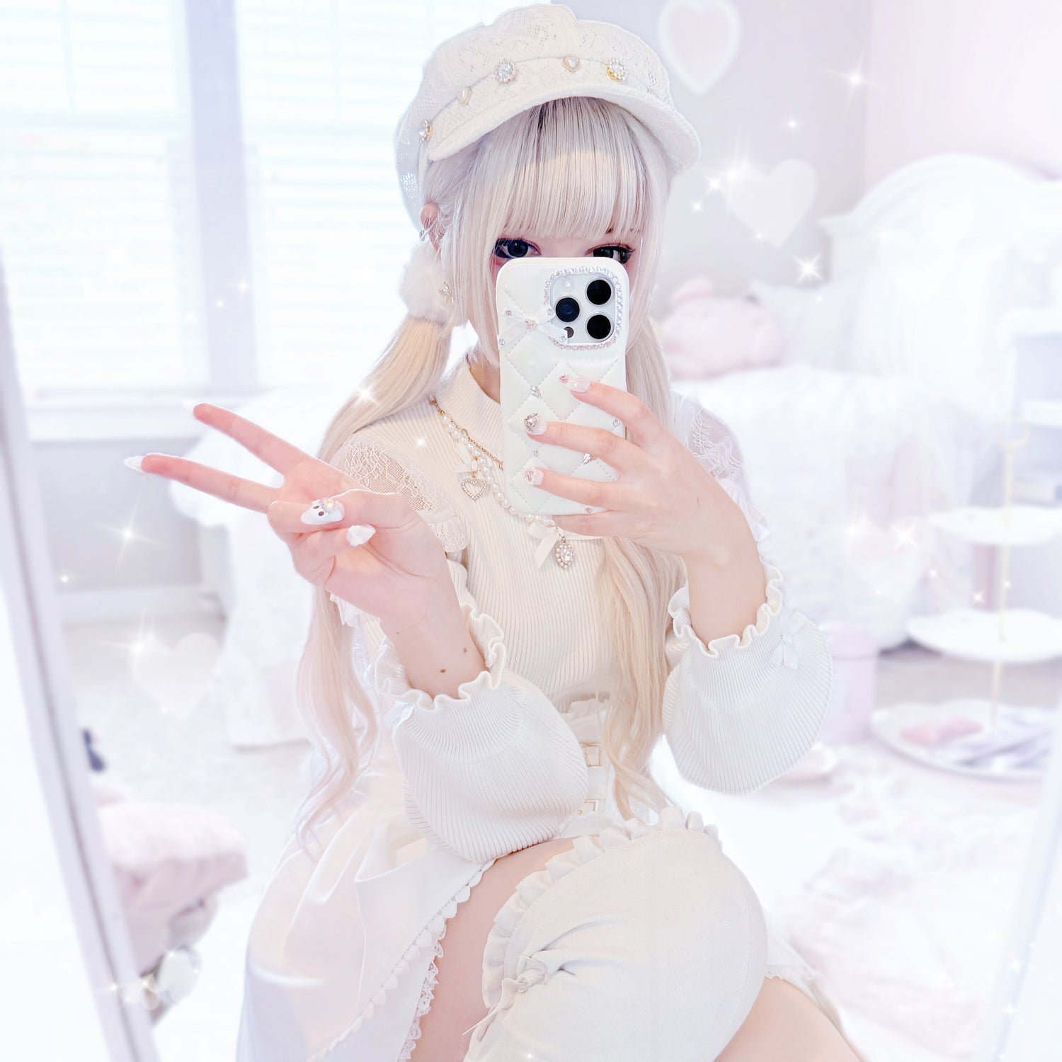 ryousangata jirai kei girl in all white coord/outfit, the owner of Kei Atelier press-on nail boutique