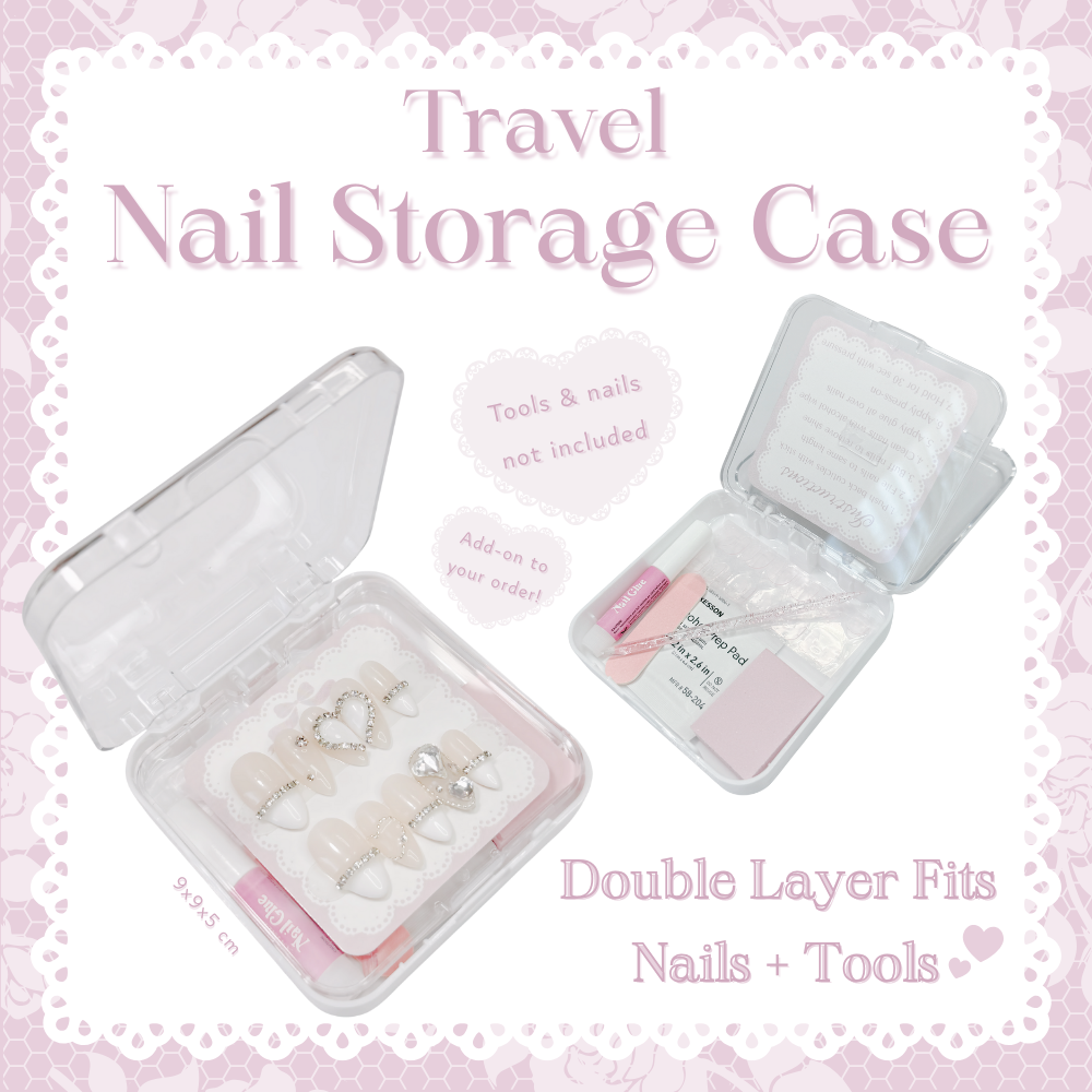 a double layer press-on nail storage case box container for traveling, put press-ons on the top layer, and nail application prep tools on bottom layer